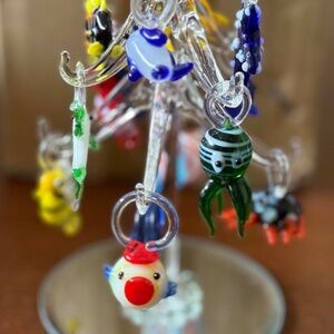 SEA CREATURES, 12 BLOWN CRYSTAL WITH 6 ¼ H x 2 ½ DIAMETER CRYSTAL TREE TO HANG